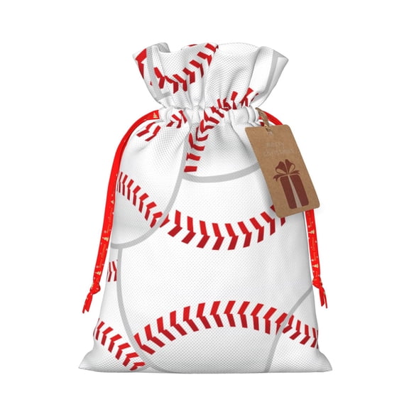 Fuzoiu Baseballs Print Christmas Gift Bag,Burlap Gift Bag with Drawstring Closure & Hang Tag,Perfect for Holidays, Birthdays, and Special Occasions-Small