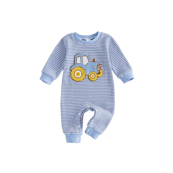 Loicainy Infant Baby Boy Fall Stripe Romper 3 6 12 18 Months Tractor Embroidery Waffled Long Sleeve Bodysuit