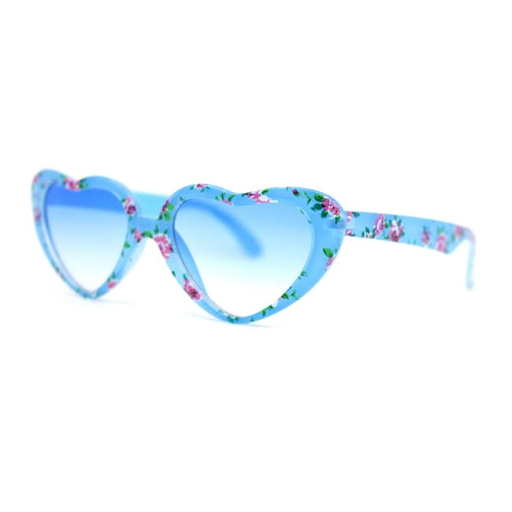 Girls Kids Size Heart Shape Fun Print Plastic Sunglasses Blue Flower
