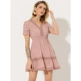 thumbnail image 2 of Mini vestido sólido Allegra K manga corta cuello En V cintura elástica Rosa S, 2 of 5