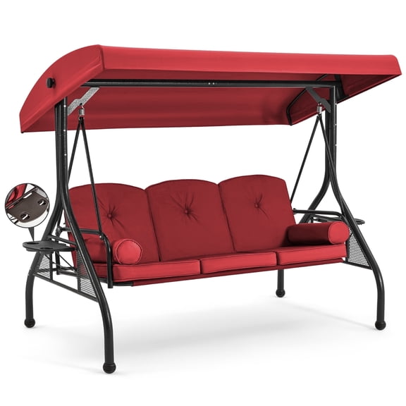 Homrest 3 Seat Outdoor Porch Swing with Adjustable Canopy, Cushions, and Cup Holder - Wine Red