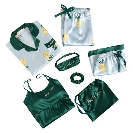 

ZXHACSJ 7PC Silk Women Lingerie Camisole Print Shorts Pant Pajamas Blindfold Sleepwear Green L