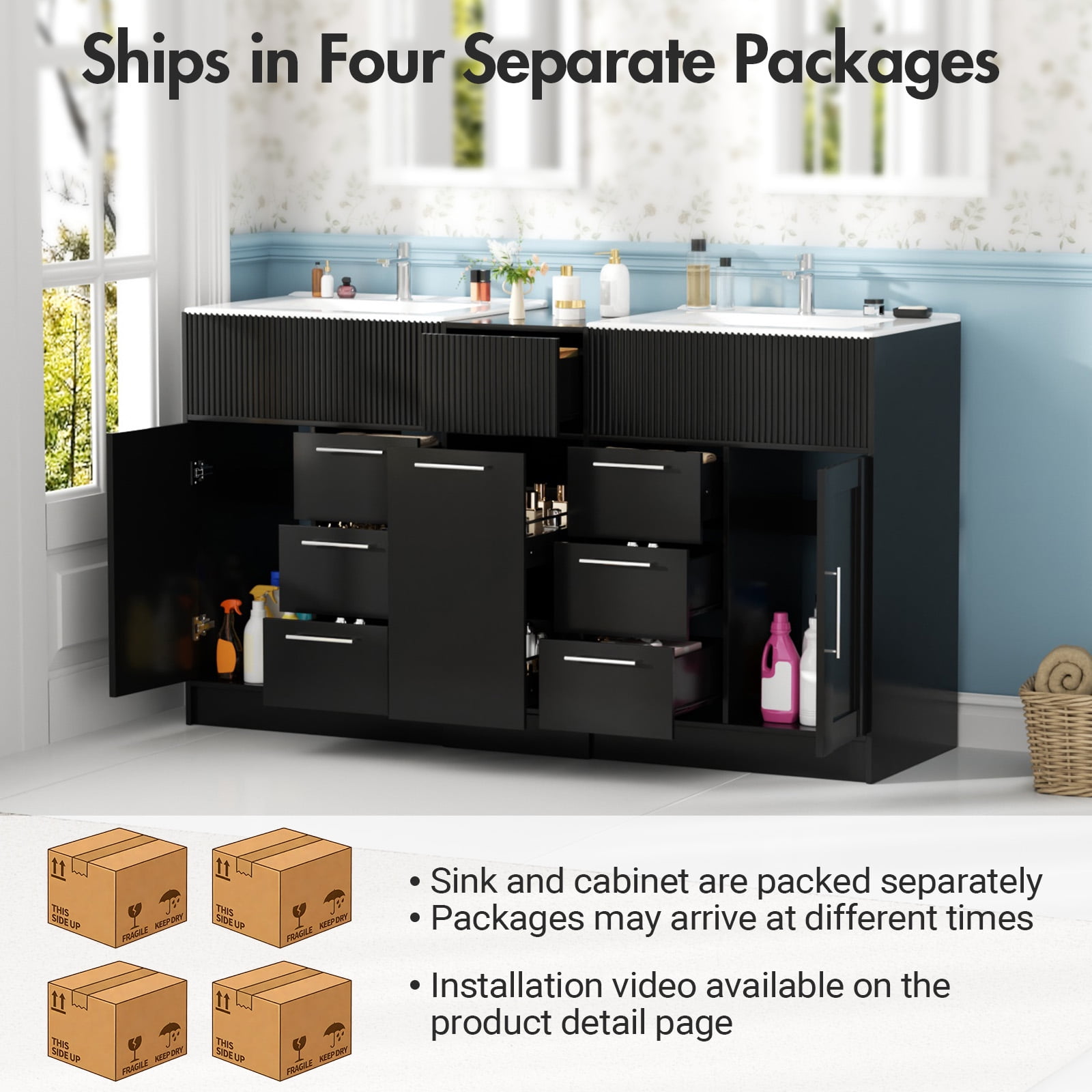 Advwin 60" Double Sink Bathroom Vanity with Ceramic Basins, Modern Freestanding Bathroom Storage Cabinet with 7 Drawers & Soft-Close Doors, Black