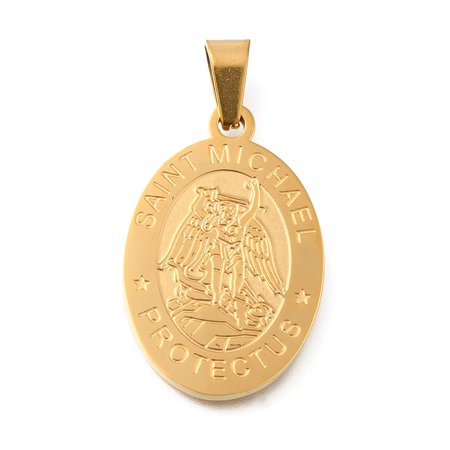 304 Stainless Steel Pendants Oval with Saint Michael Charm Religion Real 18K golden Plated 27x18x2mm Hole: 6x3mm