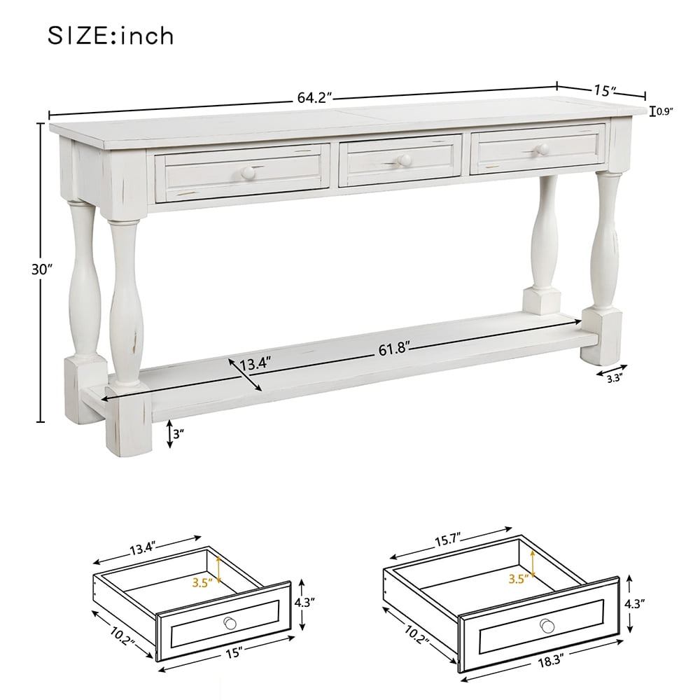 Kepooman 64"Long Cabinet Sofa Table, Storage Cabinet with Drawers and Shelf, Easy Assembly Entryway Table for Hallway and Living Room, Antique White Kepooman 64"Long Cabinet Sofa Table, Storage Cabinet with Drawers and Shelf, Easy Assembly Entryway Table for Hallway and Living Room, Antique White