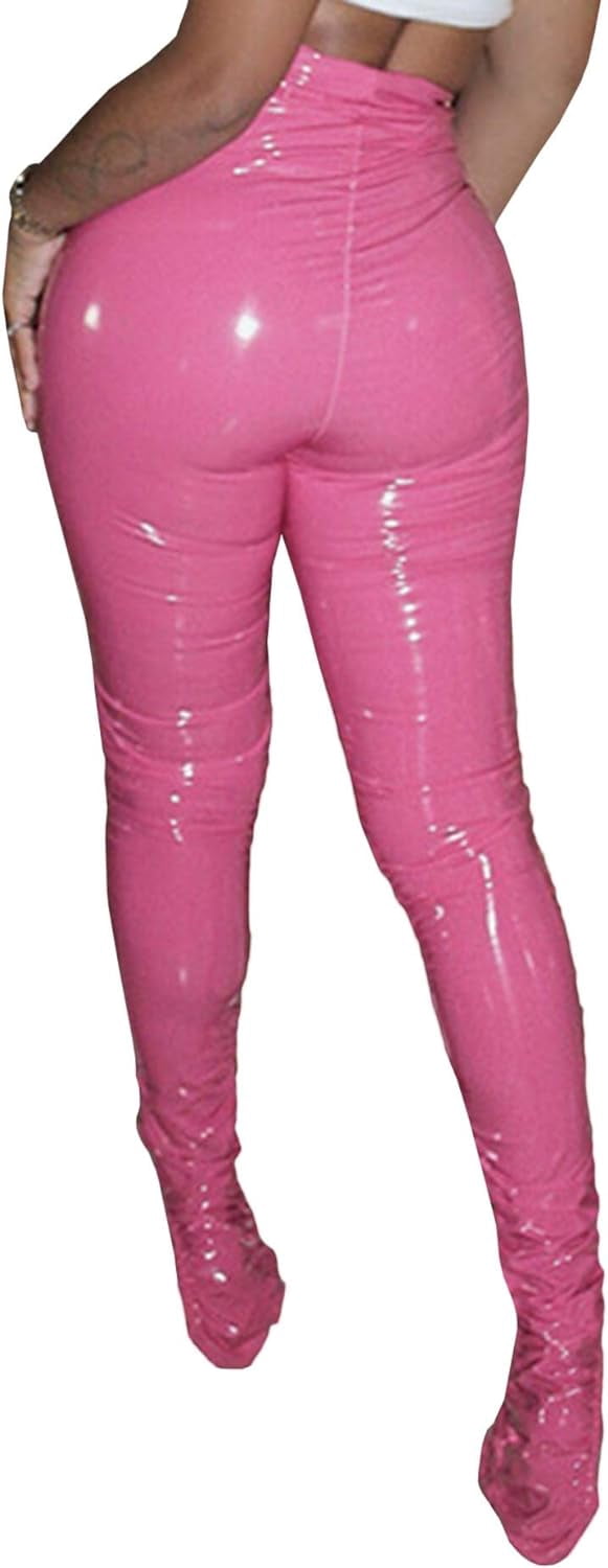 HLSOHJP Women's Pleated PU Leather Pants High Wasit Bodycon Ruched Split Hem Faux Leather Club Legging Trousers