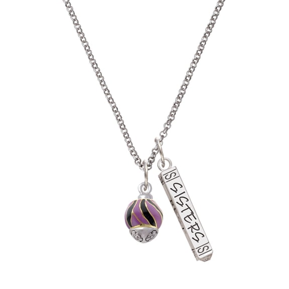 Delight Jewelry Goldtone Wide Black and Purple Animal Striped Print Spinner Silvertone Sisters Best Friends Forever Bar Charm Necklace, 23"