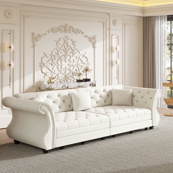 97.6" Oversized Chesterfield Pull-Out Sofa Bed, Velvet Couch with Rolled Arms and Floral Tufted Upholstery, Convertible Sleeper Sofa for Living Room, Bedroom or Apartment (Beige/White)