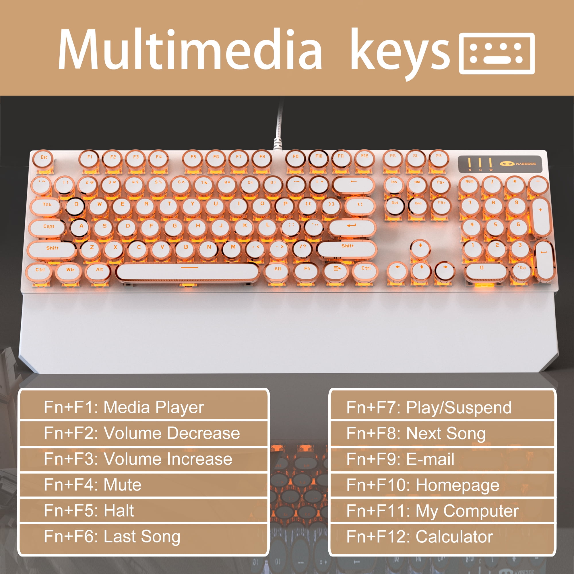 MageGee Typewriter Mechanical Gaming Keyboard, Retro Gold Punk Round Keycap LED Backlit USB Wired Keyboards for Game and Office, for Windows Laptop PC Mac - Blue Switches
