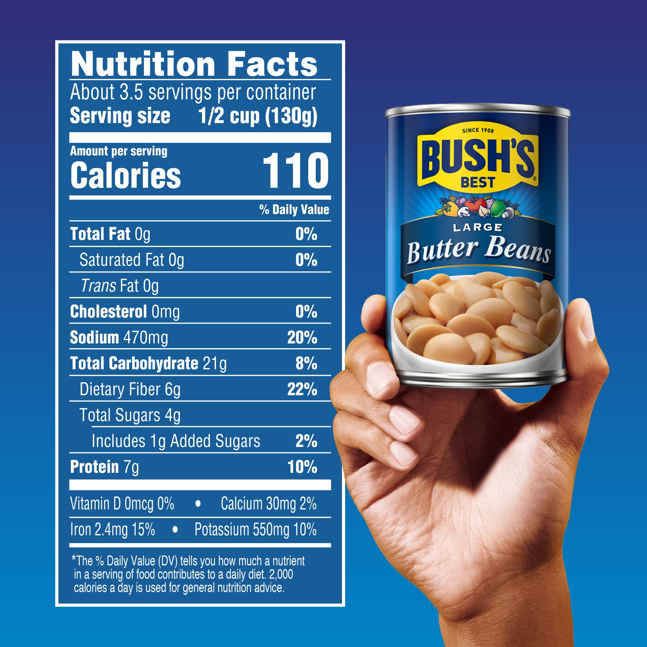 Bush's Large Butter Beans Beans, Canned Butter Beans, 16 oz Can