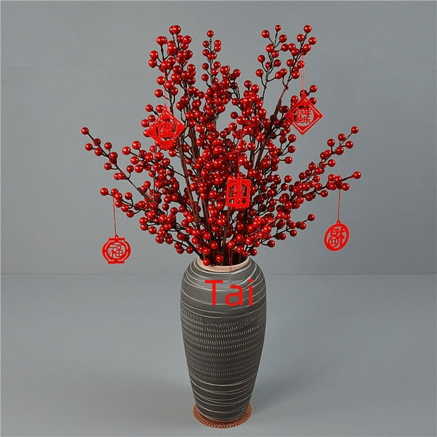 Venta al por mayor de coronas de dintel de boda de imitación de fruta de acebo, pequeñas frutas rojas, cubo de la suerte de Año Nuevo, arreglo floral de frutas ricas, bayas rojas