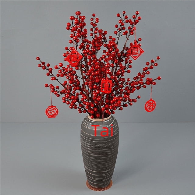 Venta al por mayor de coronas de dintel de boda de imitación de fruta de acebo, pequeñas frutas rojas, cubo de la suerte de Año Nuevo, arreglo floral de frutas ricas, bayas rojas