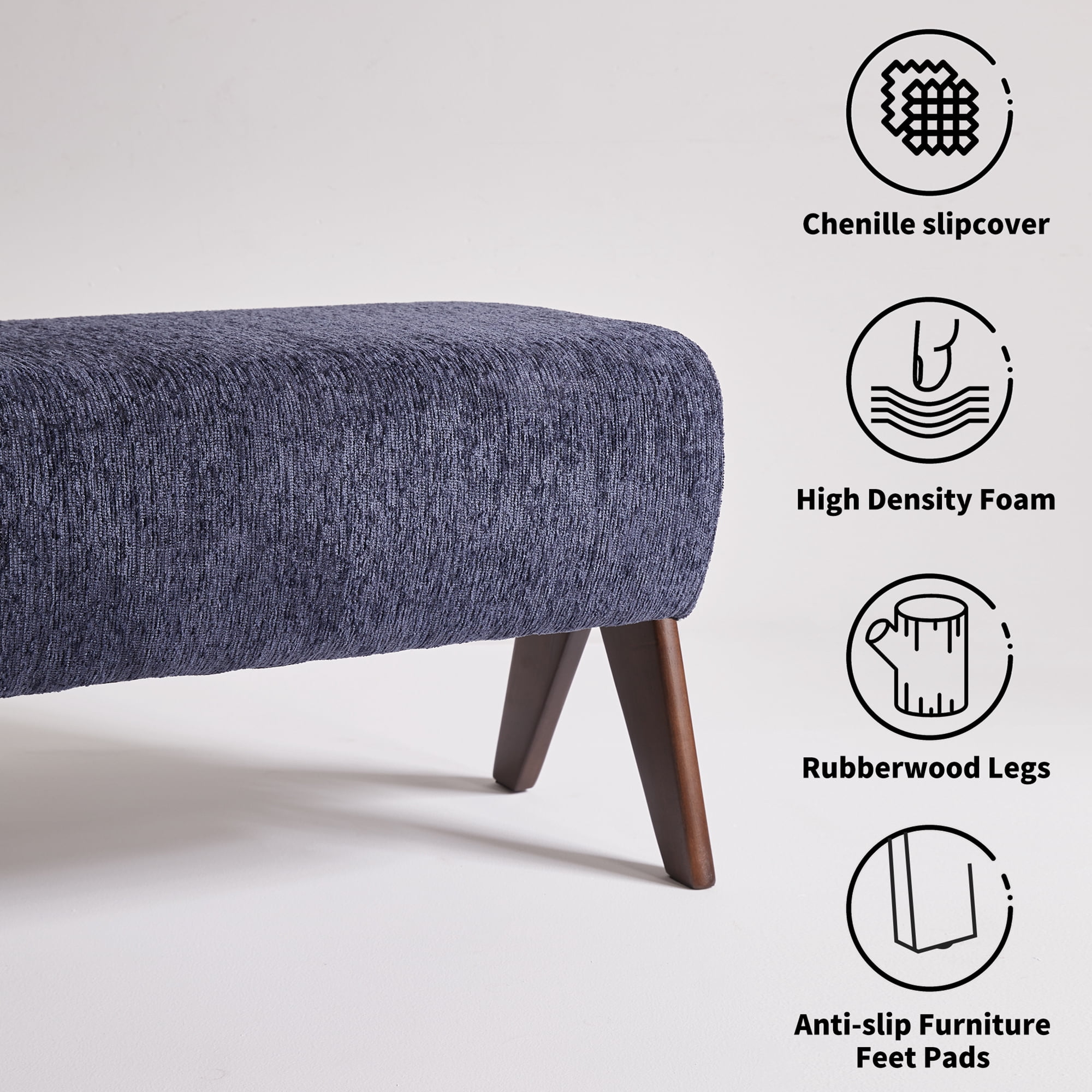 Chenille Upholstered Bench with Solid Wood Legs, Blue, 38.19 in x 15.75 in x 16.93 in