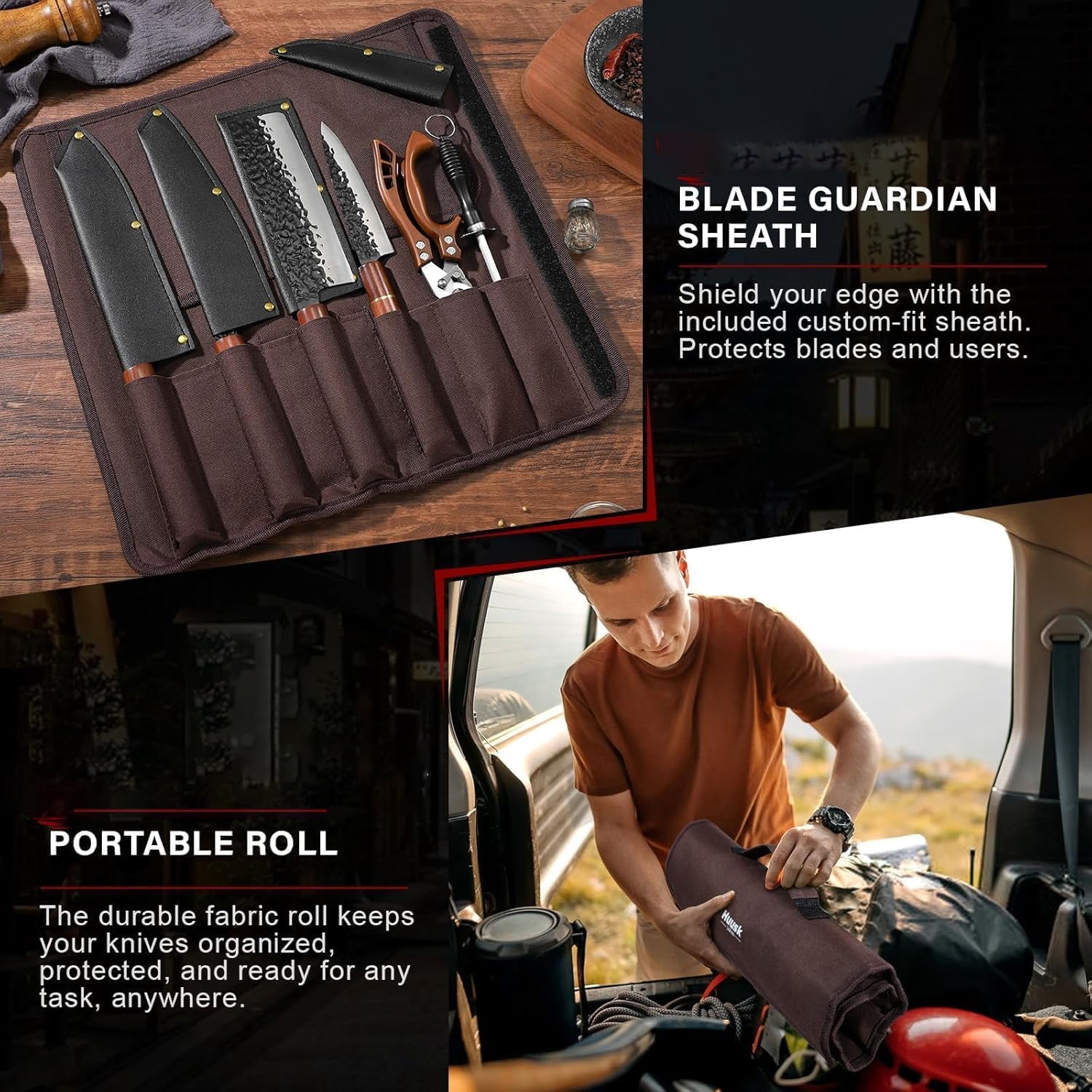 Huusk 6pcs  Knife Set with Covers - Professional Chef Knife Set with Bag & Sharpener, High Carbon Steel Forged Knives Sets with Scissors, Gifts for Men and Friend