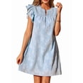 thumbnail image 3 of Women's Short Sleeve Floral Ruffle Smocked Mini Dresses Neck Burnout Sundress Dress for Casual Summer Light Blue L, 3 of 9