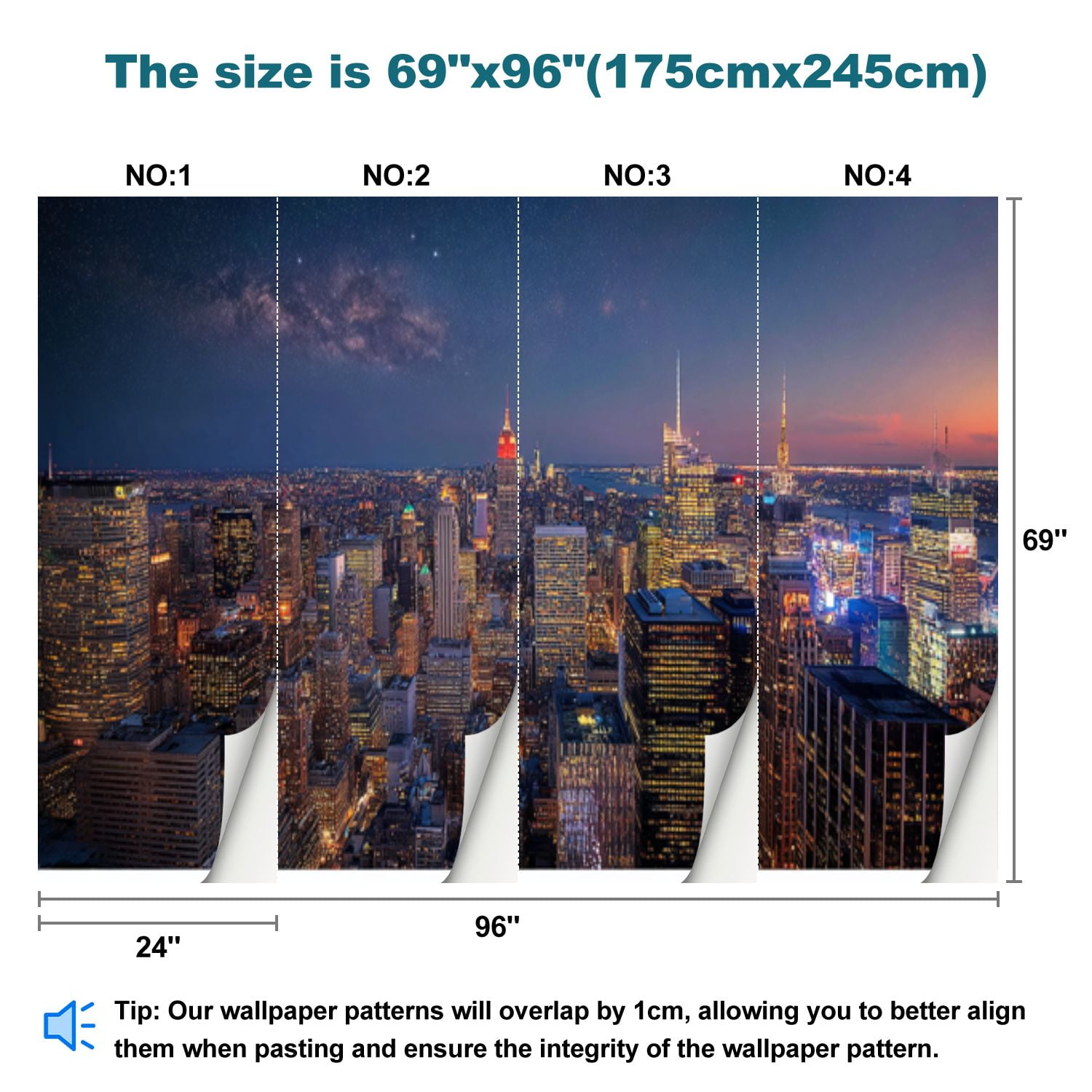 Peel and Stick Wallpaper New York City Skyline Night Stars Bright City Lights Modern Art Wall Mural Decor Self Adhesive and Removable 69in x 98in