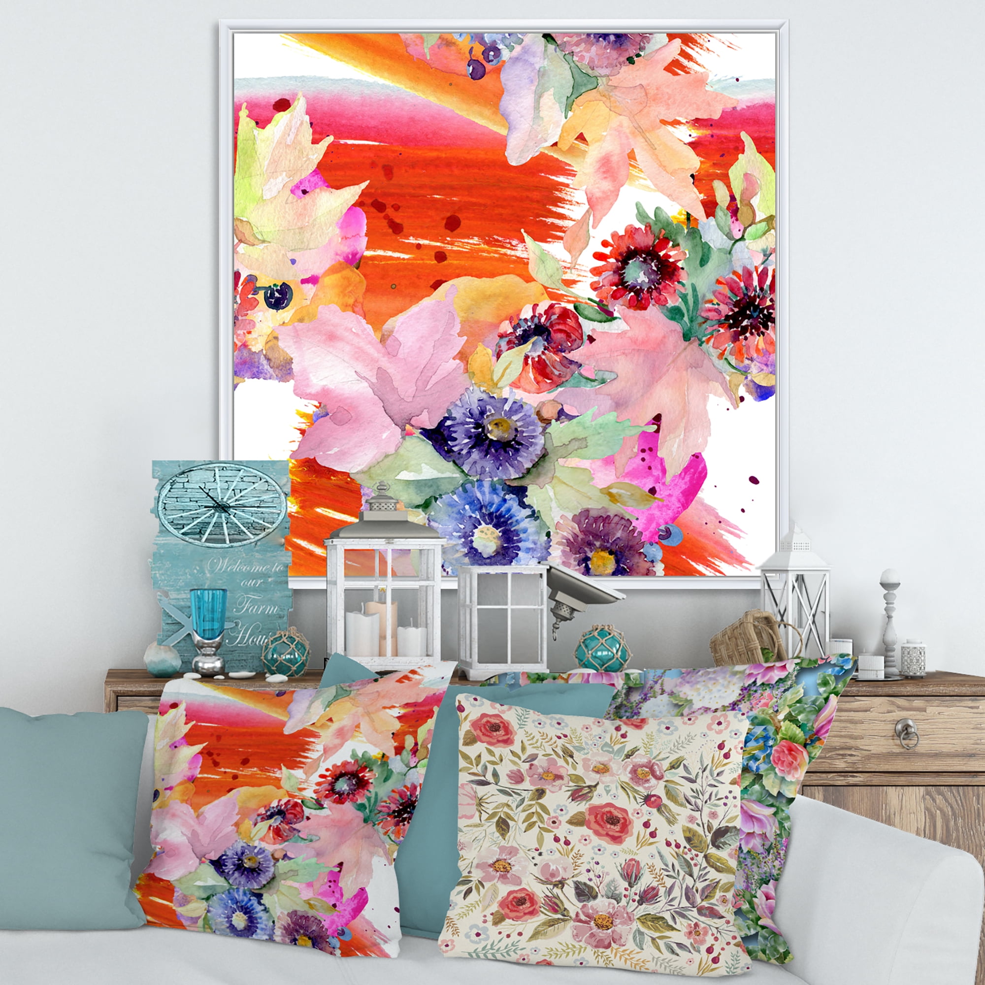Designart 'Wildflowers and Vibrant Wild Spring Leaves VII' Modern Framed Canvas Wall Art Print