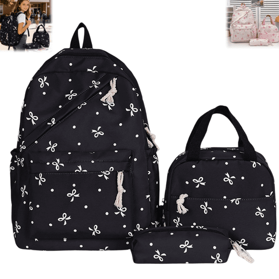 3 Pieces Coquette Bow Dot Print Backpack Set, Lightweight Fashion Laptop Daypack Matching Handbag Pencil Case Casual Bookbag for Teen Girls Women School College Travel