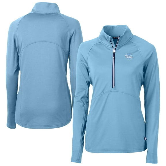 Women's Cutter & Buck Powder Blue Philadelphia Phillies Raglan Adapt Eco Knit Stretch Recycled Half-Zip Top