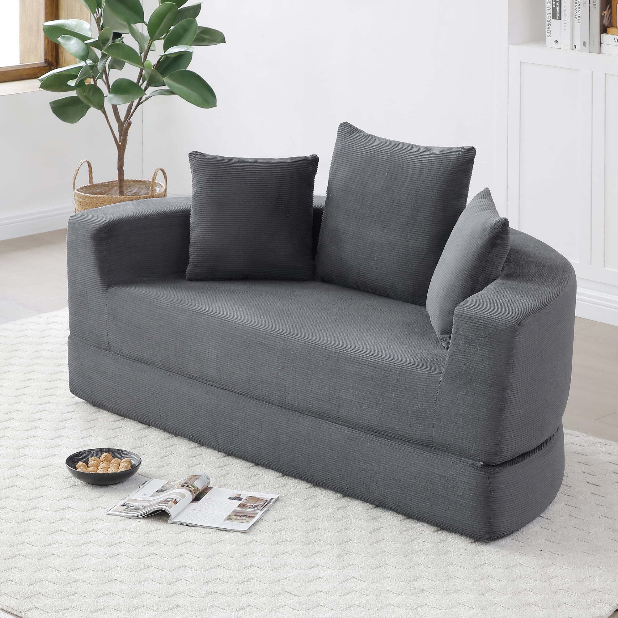 Miniyam 67" X 67" Convertible Sofa Corduroy Couch Bed For Apartment, Adjustable Futon Sofa No Assembly Compressed Sofa, Gray