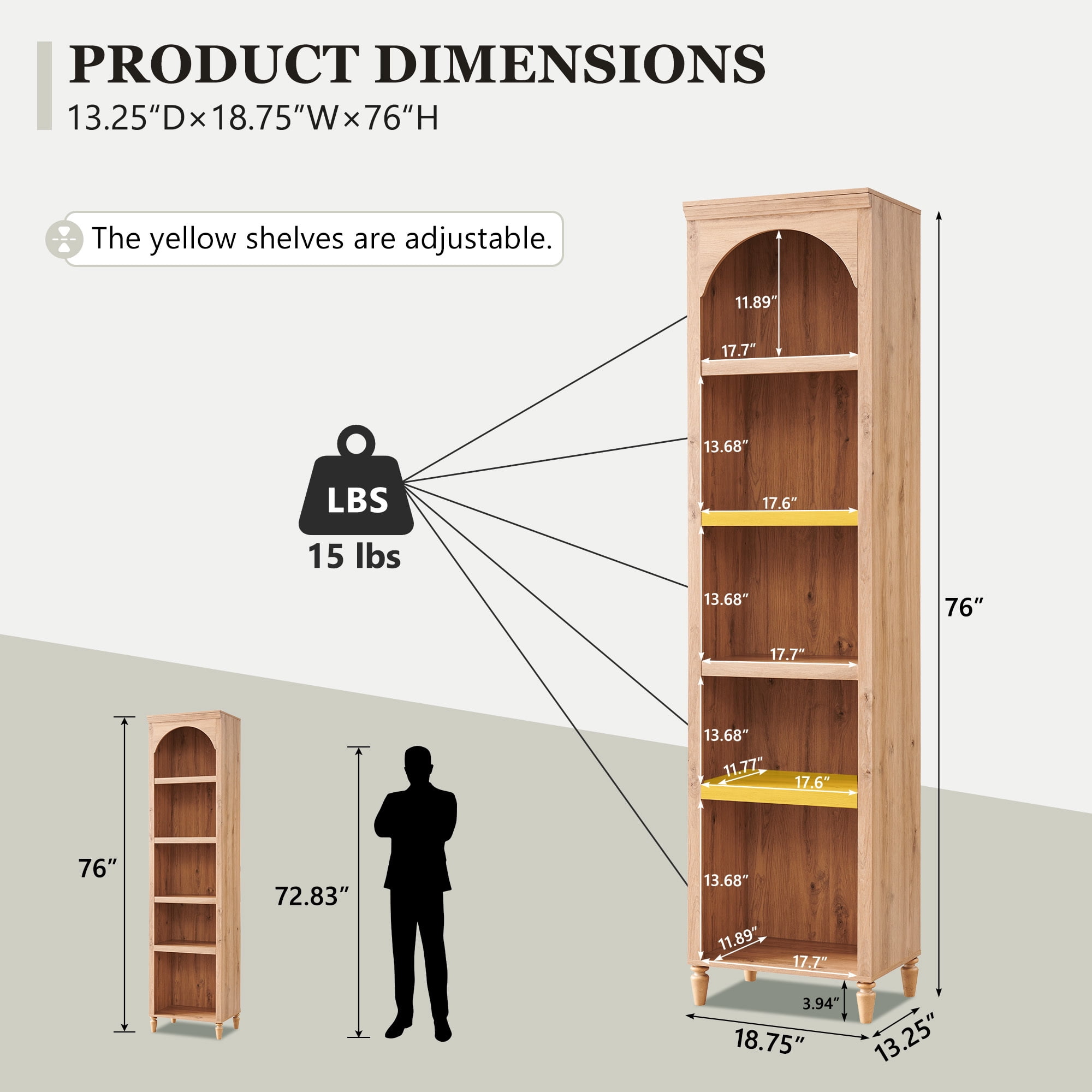 SinCiDo Tall Arched Bookcase, 5-Tier Narrow Bookshelf with Open Display Shelves for Living Room, Natural