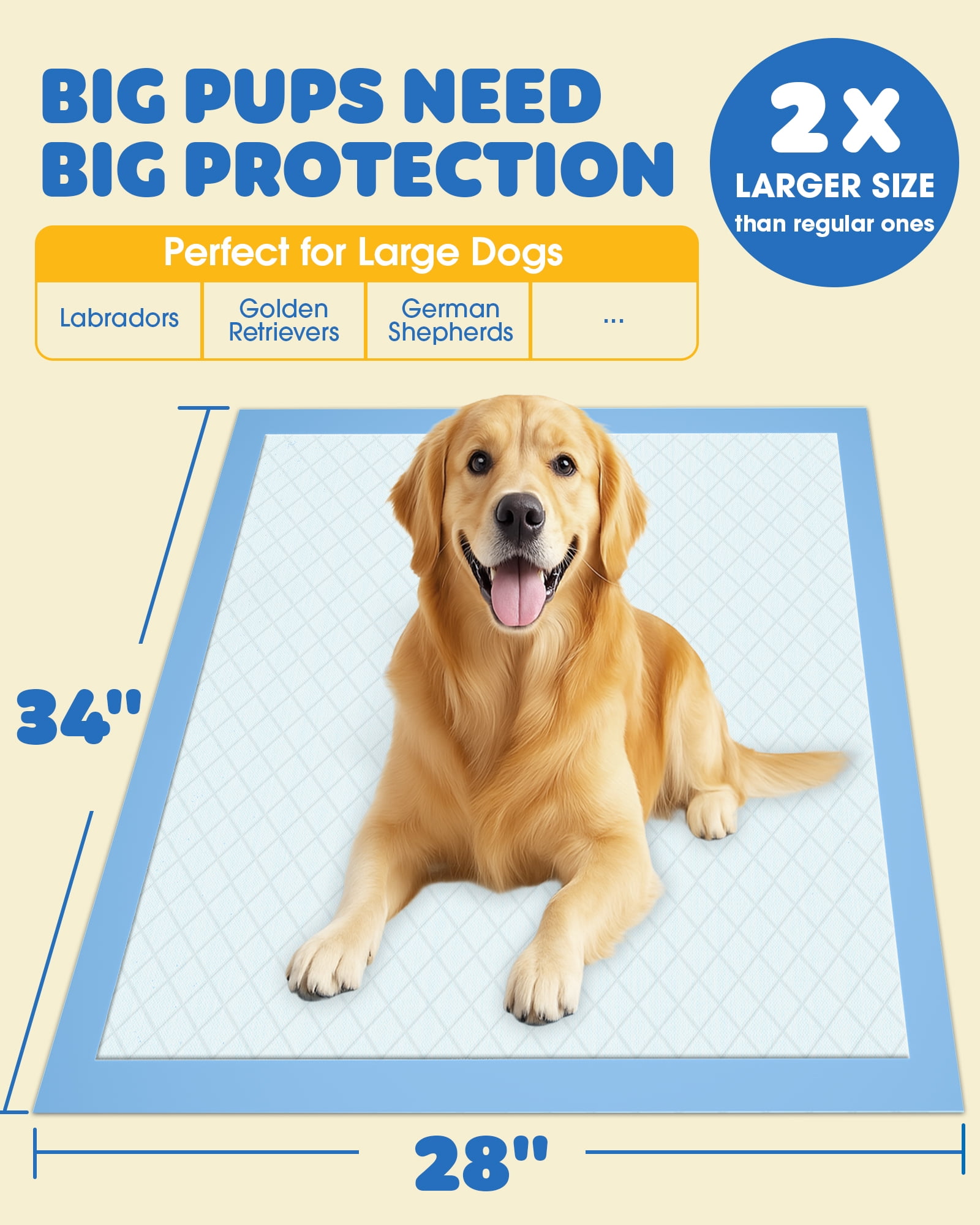 Powools X-Large Puppy Pads 34" x 28", 60 Count Pee Pads for Dogs with 6-Layer Leak-Proof, Quick-Dry Design