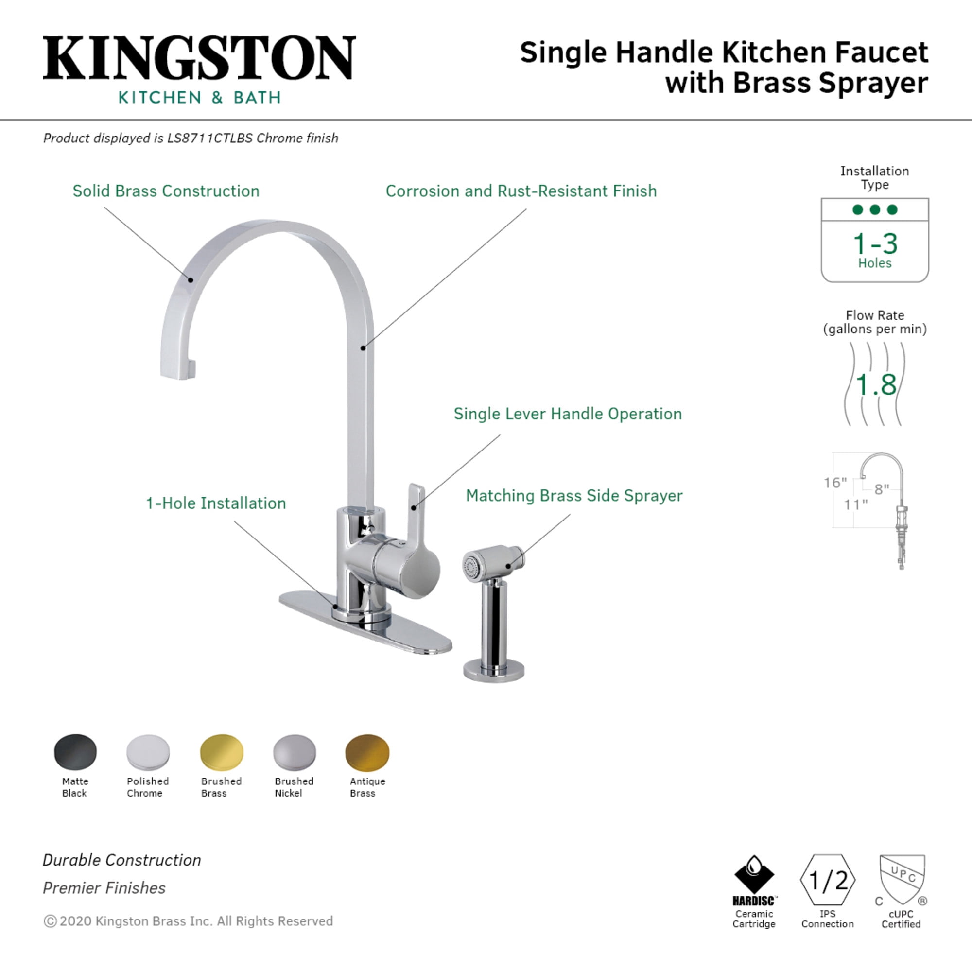 Kingston Brass LS8710CTLBS Continental Single-Handle Kitchen Faucet with Brass Side Sprayer, Matte Black