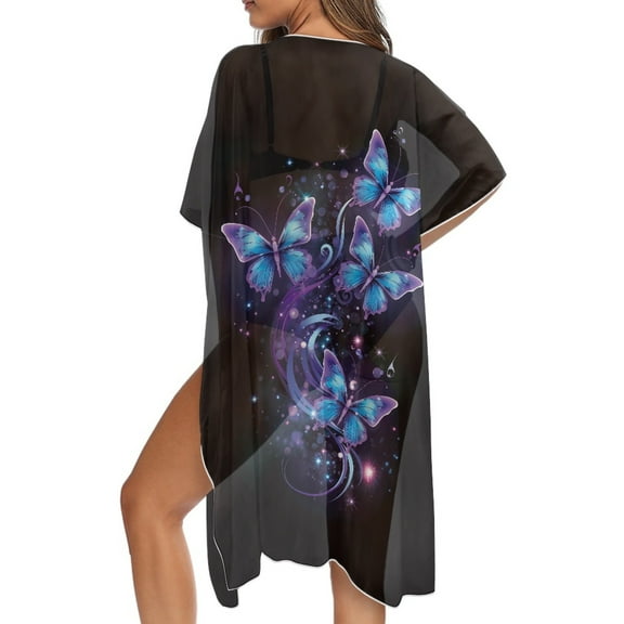 DISNIMO Butterfly Print Women's Kimono Cardigan Cover Up Casual Loose Summer Beach Coverups Open Front Long Swimsuit Cover ups Hawaii Half Sleeve Resort Wear