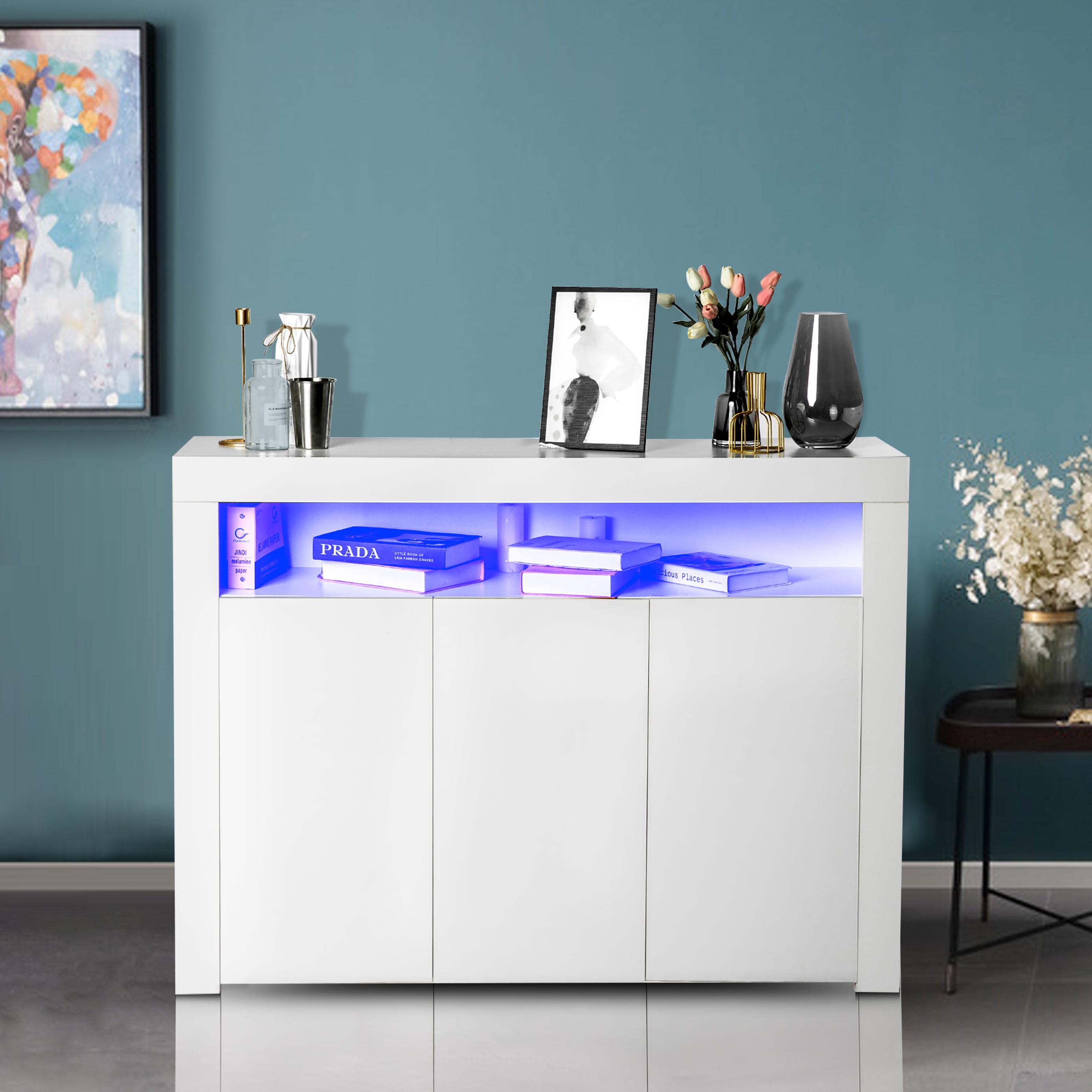 Private Jungle Sideboard UV Coated, High Glossy Panel, With Led Lights, Kitchen Cabinet,Bar Cabinet, Modern And Fashion Furniture, White Private Jungle Sideboard UV Coated, High Glossy Panel, With Led Lights, Kitchen Cabinet,Bar Cabinet, Modern And Fashion Furniture, White