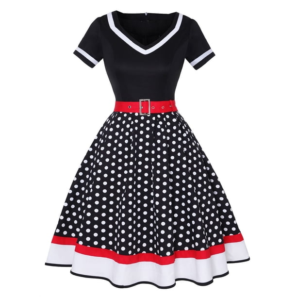 WILLBEST Vestidos Casuales para Mujer Vestido Vintage de Lunares con Cuello En V y Manga Corta para Boda, Vestido Festivo Hasta La Rodilla Chica