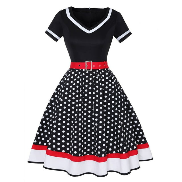 WILLBEST Vestido Portátil Para Mujer, Estilo Vintage, De Manga Corta, Con Cuello En V Y Lunares, Para Boda, Festivo, Hasta La Rodilla