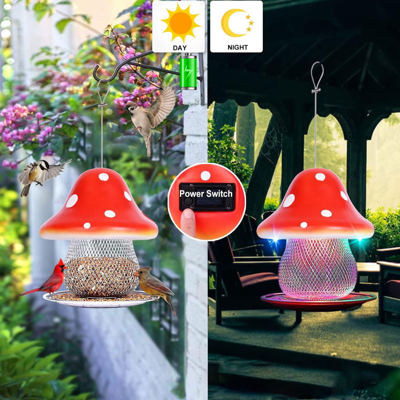 Automatic Bird Feeder Solar-Powered Mushroom Bird Feeder with Solar Light, Hummingbird Feeder, Bird Feeder, Bird Feeder for Outdoors Hanging, Window Bird Feeder