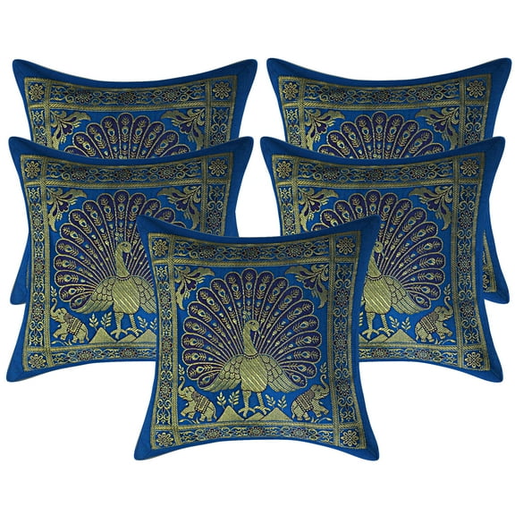 Stylo Culture Ethnic Couch Brocade Turquoise And Gold Throw Pillow Covers 12x12 Jacquard Weave Sofa Bohemian Throw Pillow Covers Dancing Peacock Floral 30x30 cm Decorative Cushion Covers (Set Of 5)