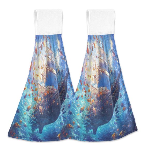 BZSMCE Hanging Hand Towels Fashion Deep Sea Odyssey Pattern 2-Pack - Velcro Style Bathroom Kitchen Towels