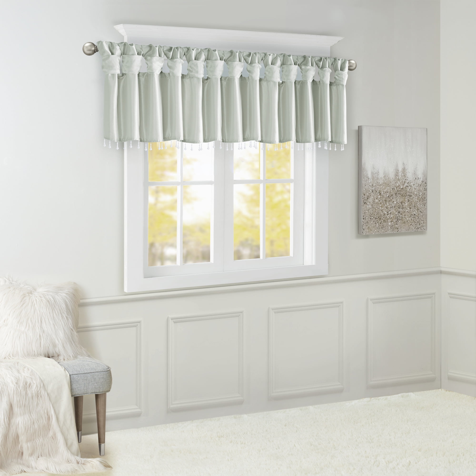 MAYEERTY 50x26" Lightweight Faux Silk Valance - With Beads, Dusty Aqua