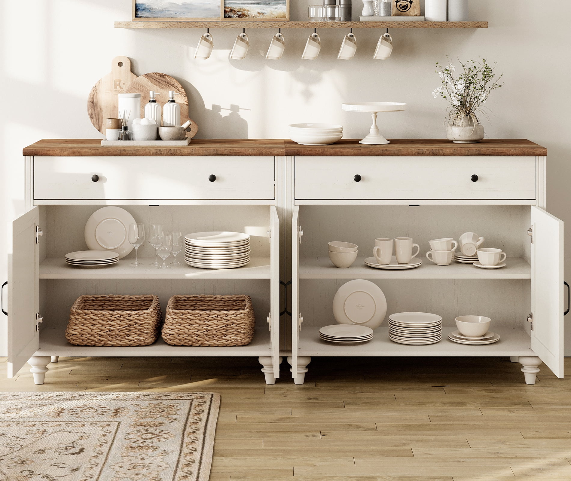 Sideboard Cabinet with 8 Wooden Doors, Credenzas & Sideboards, Large Buffet Cabinet Wood Kitchen Storage Cabinets, Modern Farmhouse Sideboard Credenza for Dining Room, White, 136 inch