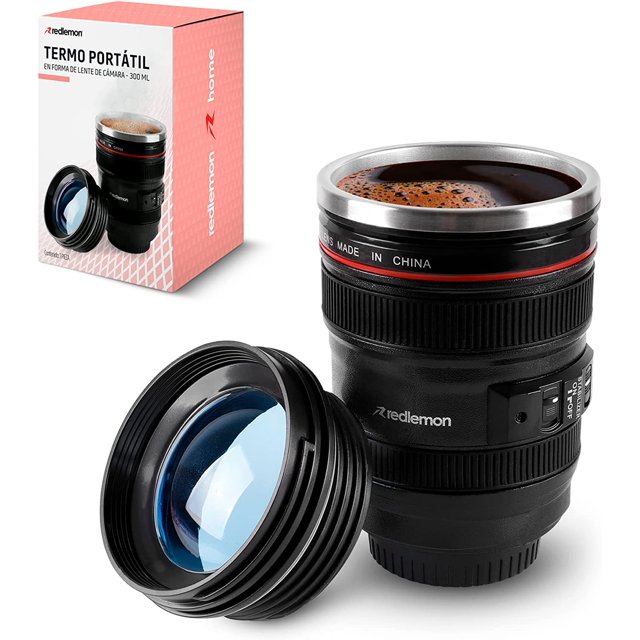 Redlemon Termo de Acero Inoxidable en Forma de Lente de Cámara Réflex, con Tapa Hermética Antiderrames, Mantiene la Temperatura Hasta por 3 Horas, Capacidad de 300 ml. Ideal para Regalar SHIRET Hogar