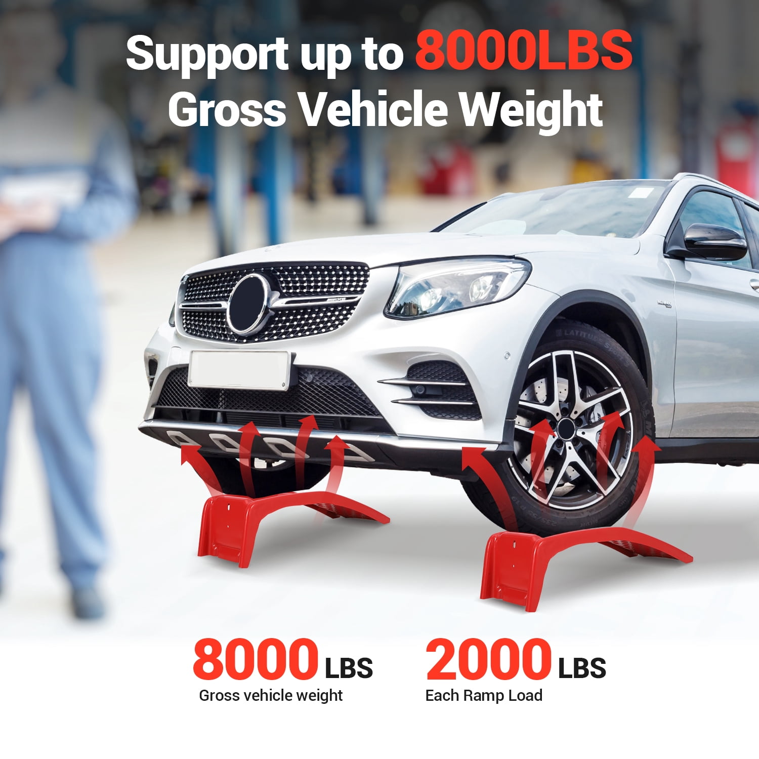 Kicctian 2 Pack Heavy Duty 8000 lbs Capacity Steel Car Ramps, 8 Inch Lift Height, Non-Slip Surface, for Garage Auto Repair & Vehicle Maintenance, Red