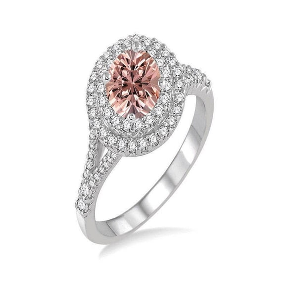 2 Carat Round Morganite and Diamond Double Halo Engagement Ring in 14k White Gold morganite and diamond engagement ring