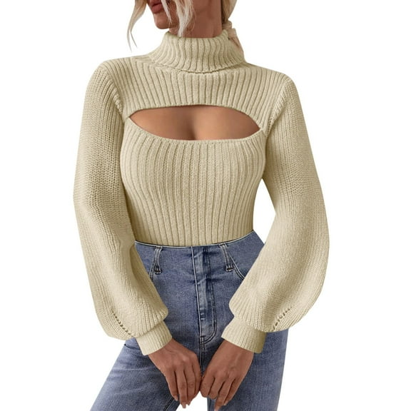 VNKIDY Women Turtleneck Sweater Solid Color Turtleneck Sweater Soft Ribbed Knit Puff Long Sleeve Fitted Top For Daily Wear Fashionable Knitwear