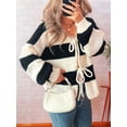 thumbnail image 3 of Women'S Loose Casual V-Neck Long-Sleeved Sweater Jacket Striped Contrast Lace-Up Knitted Cardigan Black S, 3 of 7