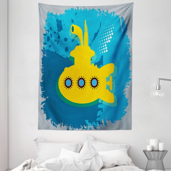 Yellow Submarine Decor Tapestry, An Illustration of a Submarine Bubbles Under the Sea Print, Wall Hanging for Bedroom Living Room Dorm Decor, 60W X 80L Inches, Mustard Petrol Blue, by Ambesonne