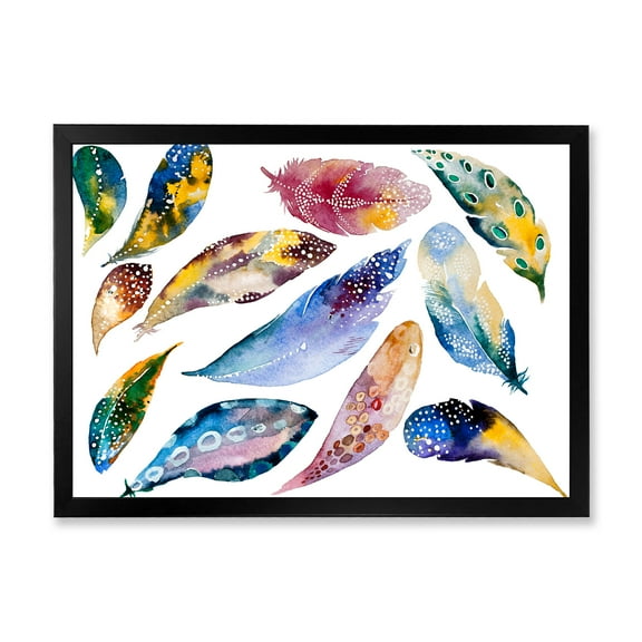 Designart 'Colourful Boho Feather Set On White VI' Bohemian & Eclectic Framed Art Print