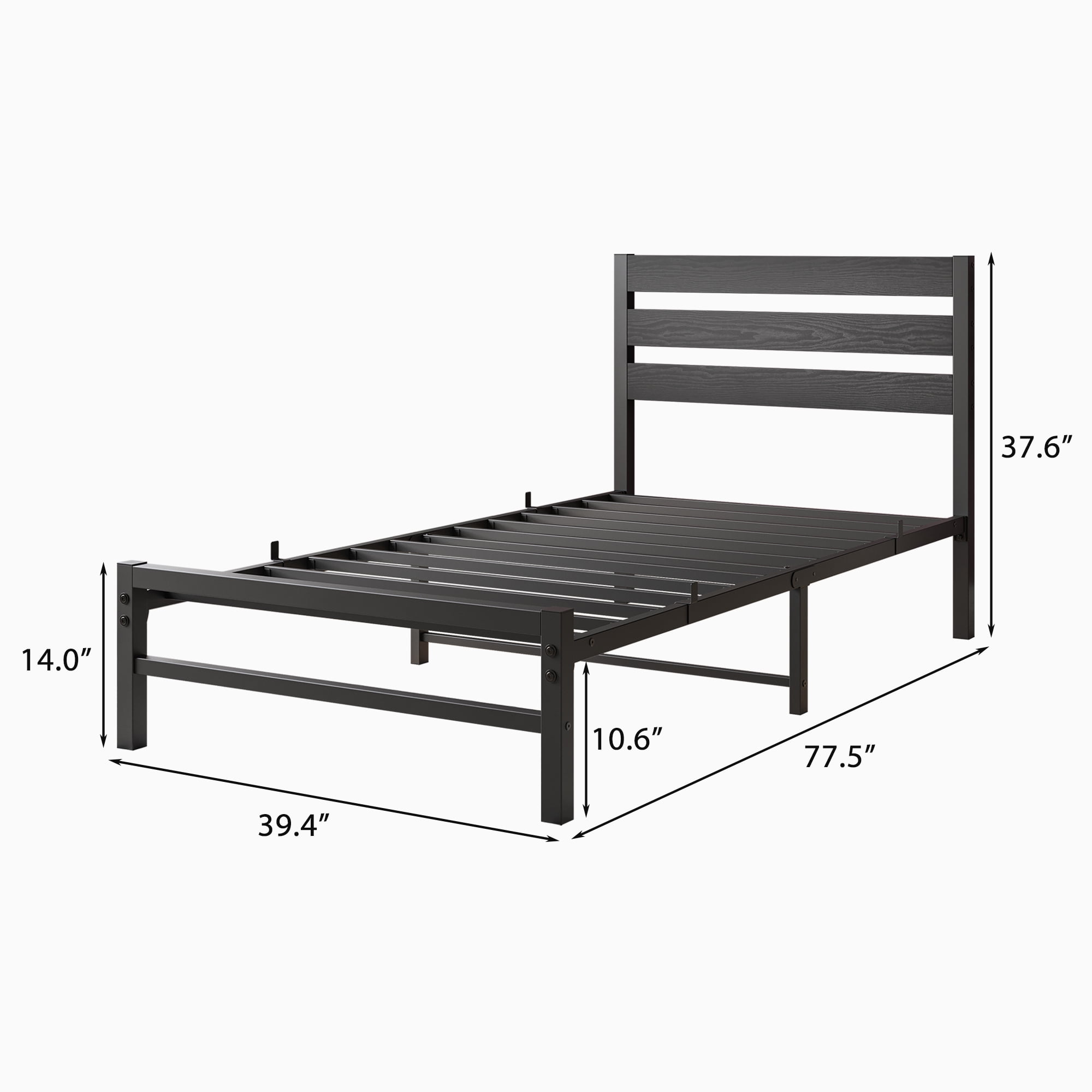 Aukfa Metal Platform Bed, Twin Bed Frame with Wood Headboard, Black