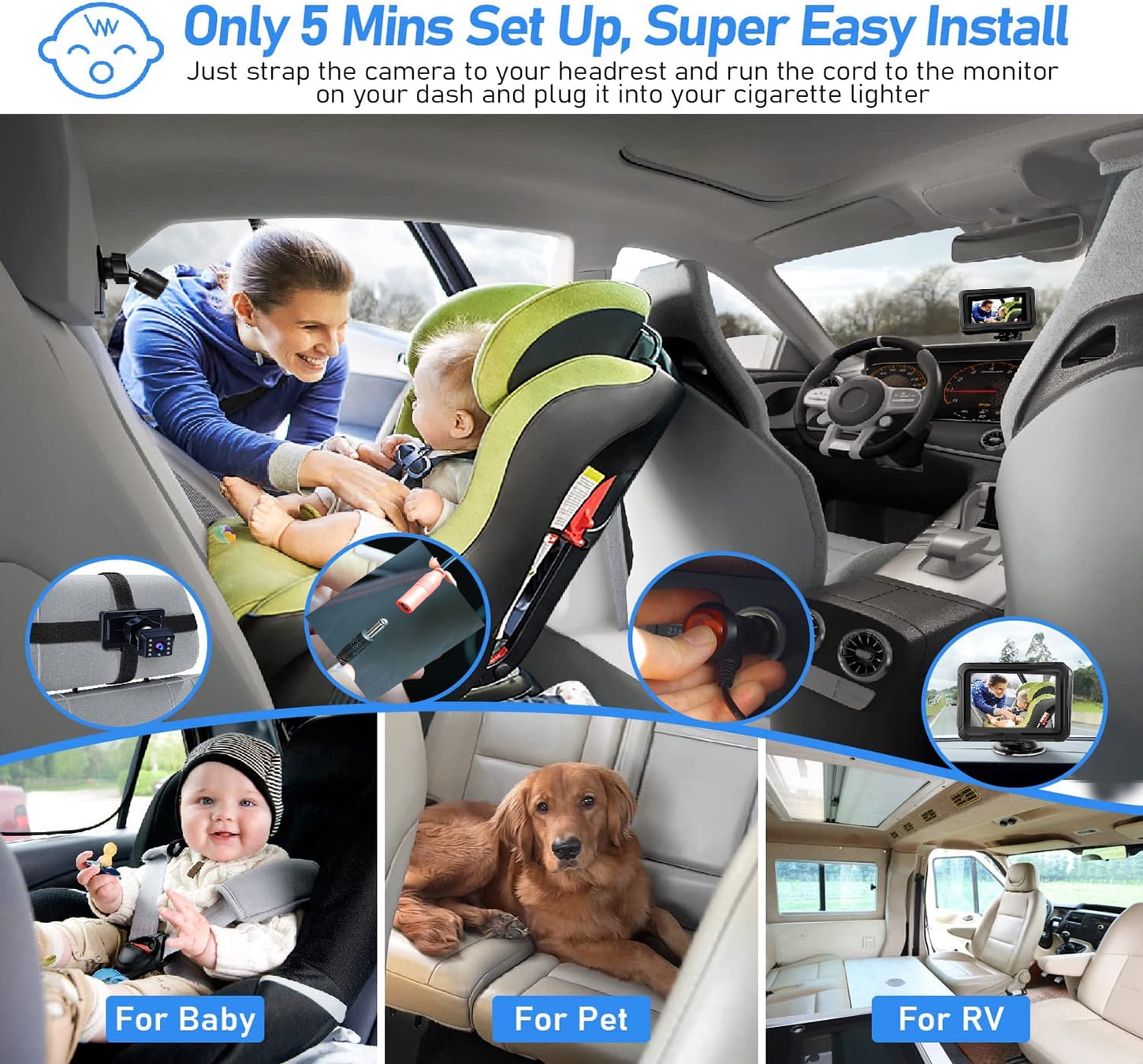 Byseng Baby Car Camera, 4.3" HD 1080P Rear Facing, Car Baby Monitor with IPS LCD, Adjustable