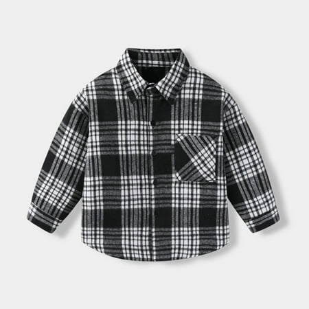 Eltusu Boys Button-Down Shirts Cotton Lapel Collar Long Sleeve Comfy Plaid Shirts Black Size 8-9 T
