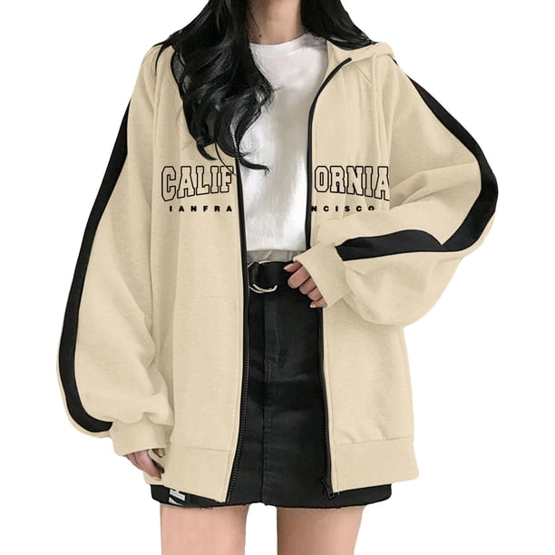 Gibobby chaquetas elástica ligera Sudadera con capucha para mujer Estampado con cremallera Sudadera con capucha Suelta Streetwear Chaqueta Sudaderas con capucha altas para mujer (Beige, XL)