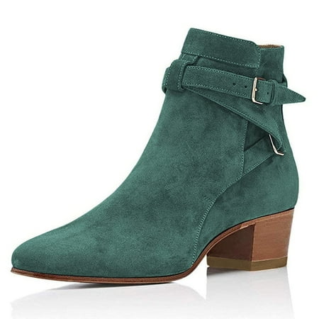 

YDN Women Block Low Heel Suede Cowgirl Boots Pull on Ankle Bootie with Buckle Strap Shoes Size 6.5 Lake Green