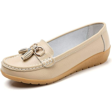

Women Loafers Leather Rubber Sole Slip On Walking Flats Casual Moccasin Boat Shoes