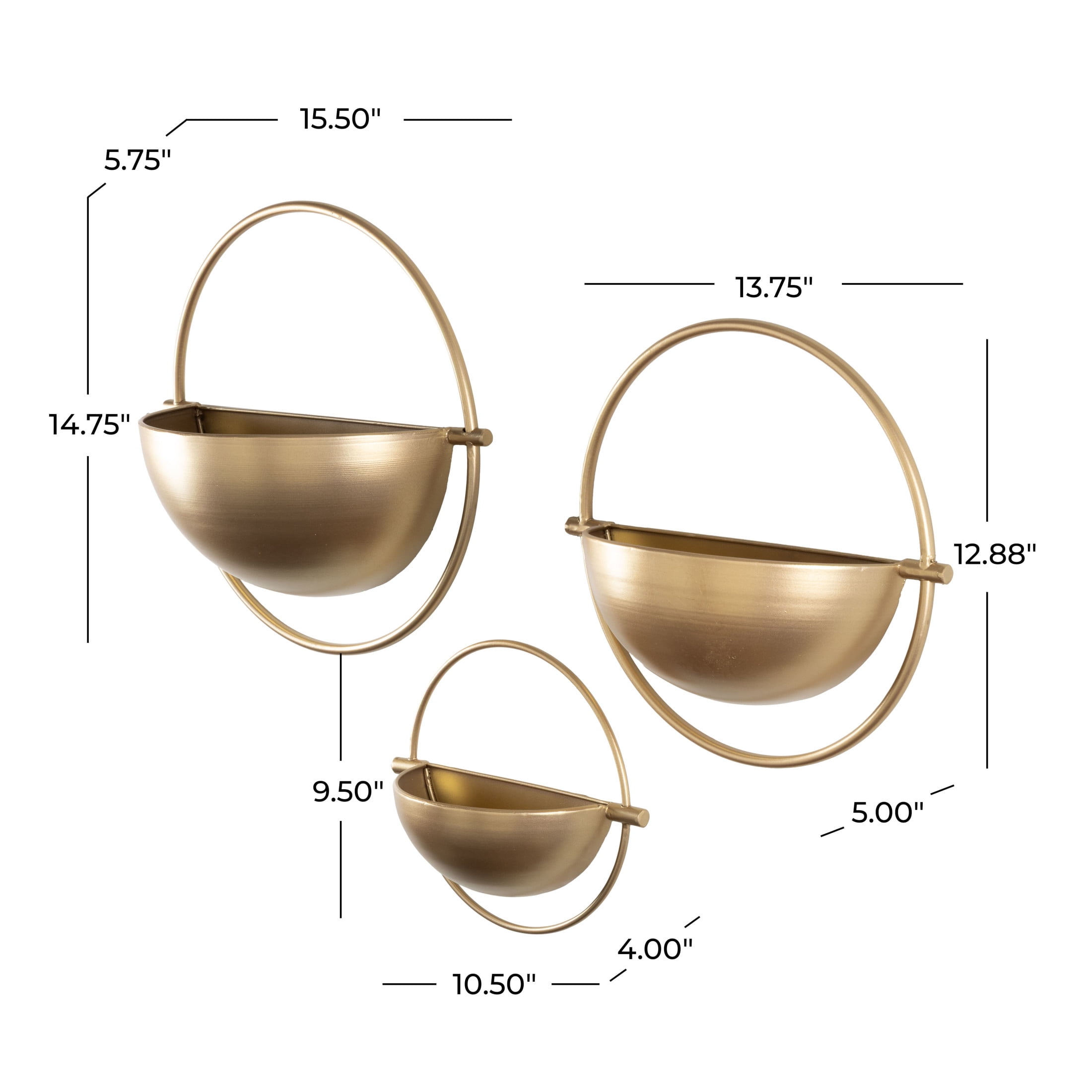 DecMode 15", 13", 10"H Round Gold Metal Geometric Wall Planter (3 Count)